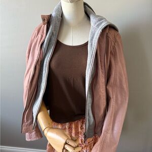 Women's Mauve Leather Jacket with Gray Hood